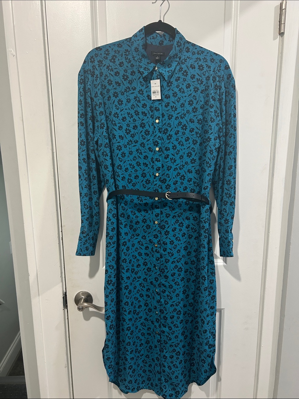 Ann Taylor Teal Floral Long-Sleeve Shirt Dress with Belt